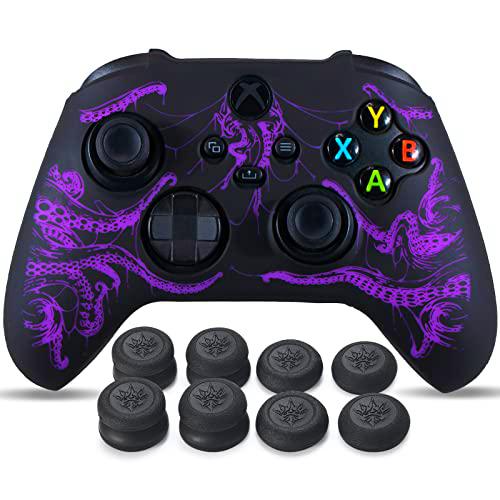 YoRHa 1 funda de silicona tallada con láser para mando Xbox One X/S (Cthulhu Purple) con empuñaduras profesionales para el pulgar x 8