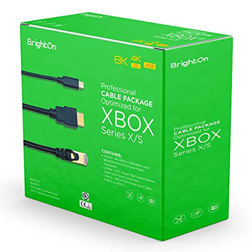 BrightOn - Paquete de cables optimizado, compatible con XBOX Series X/S | 8K HDMI 2.1 Cable 8K @ 60Hz/4K @ 120Hz | Cable Ethernet CAT 7 de alta velocidad | Cable de carga rápida (USB A a USB C)