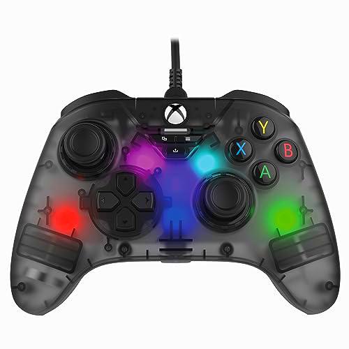 snakebyte GAMEPAD RGB X - transparente gris - mando con cable con licencia oficial Xbox Series X|S y PC | sensores precisos de efecto Hall | conexión de audio | iluminación RGB | longitud de cable 3 m